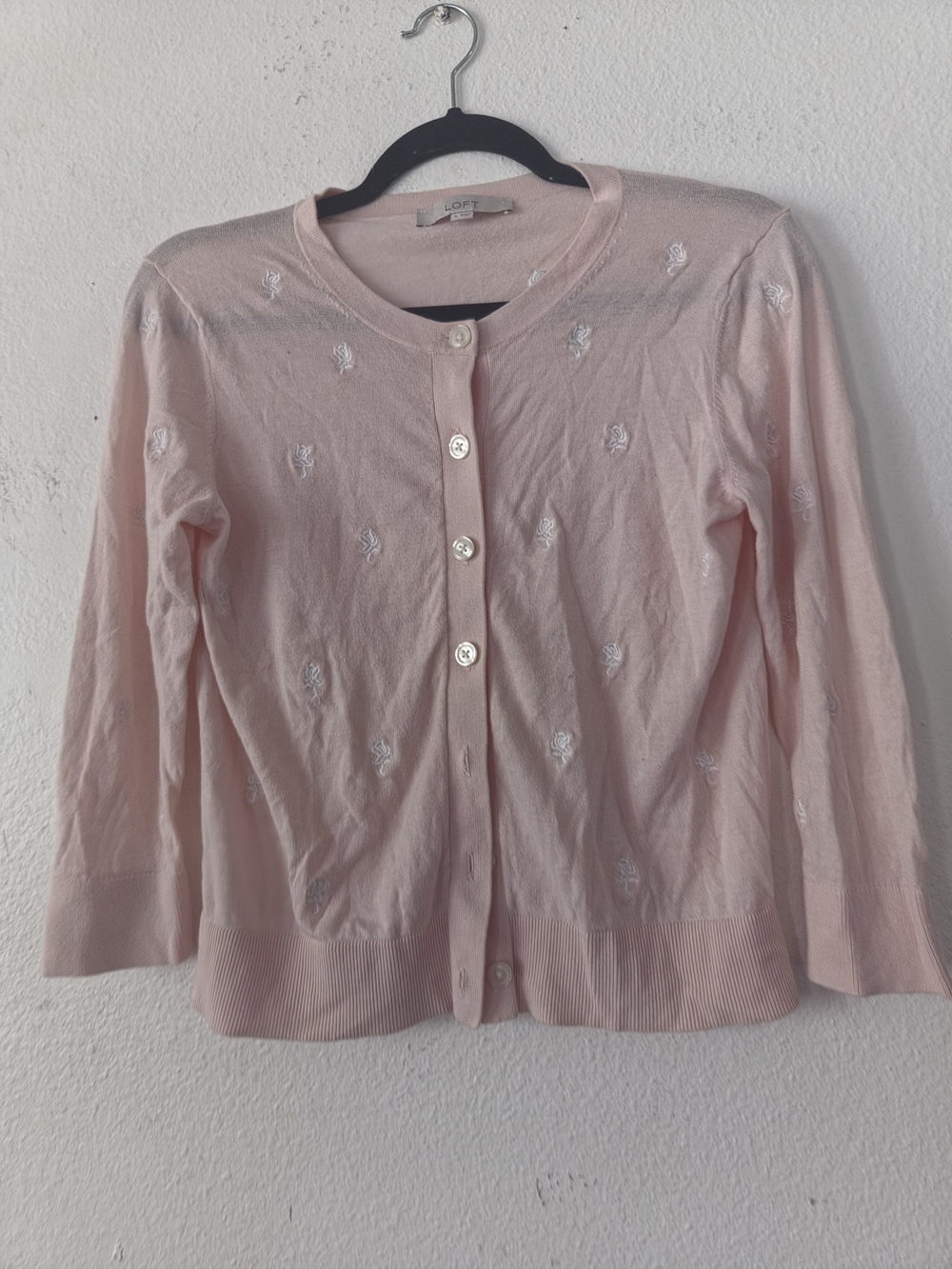 LOFT Pink Embroidered Cotton-Blend Cardigan Sweater